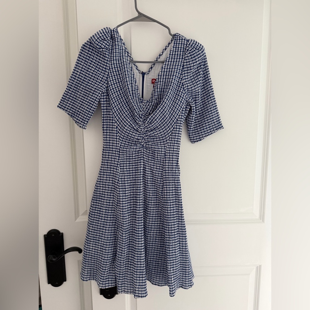 STAUD Navy Checkered Midi Dress